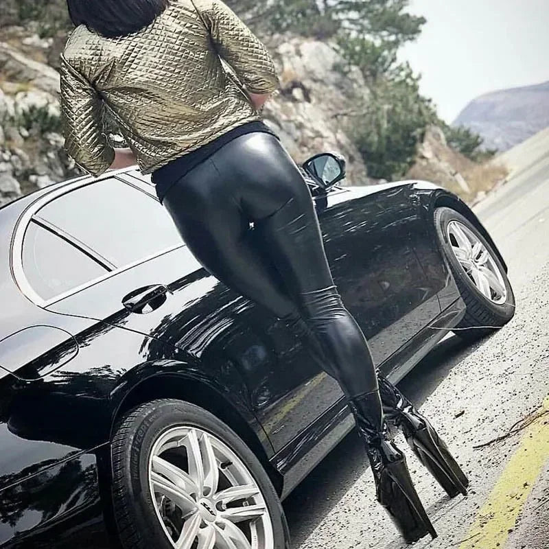 Legging Femme Effet Cuir Noir - Taille Haute Push-Up