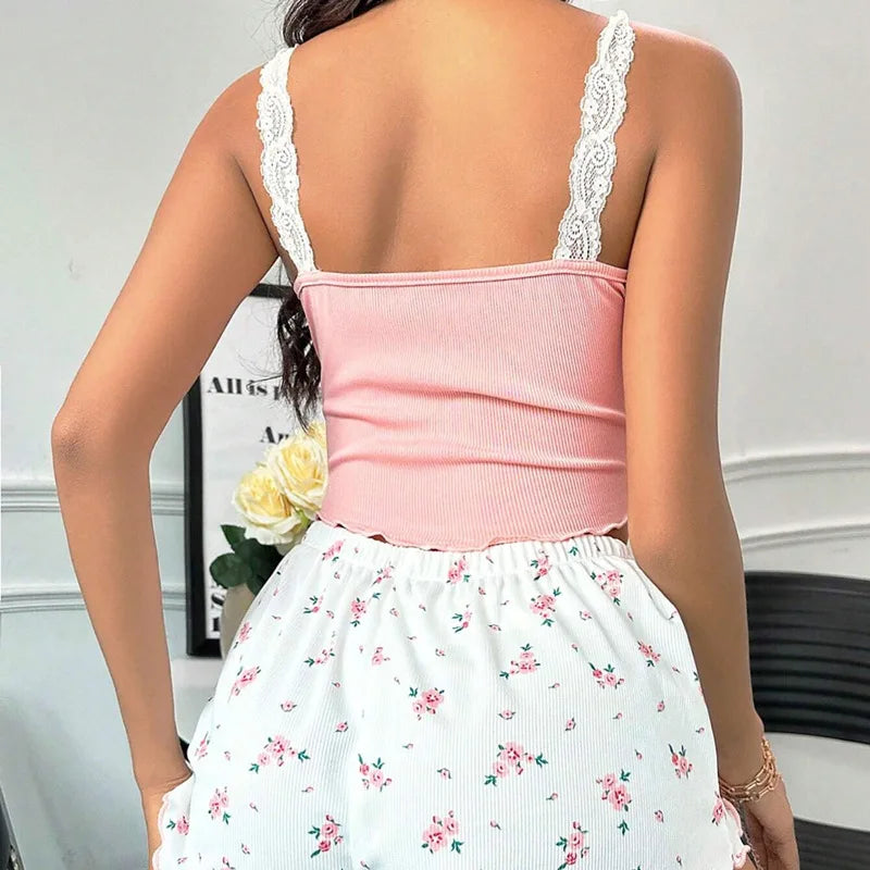Ensemble Pyjama Femme Dentelle Caraco + Short - Nuisette Sexy 2 Pièces