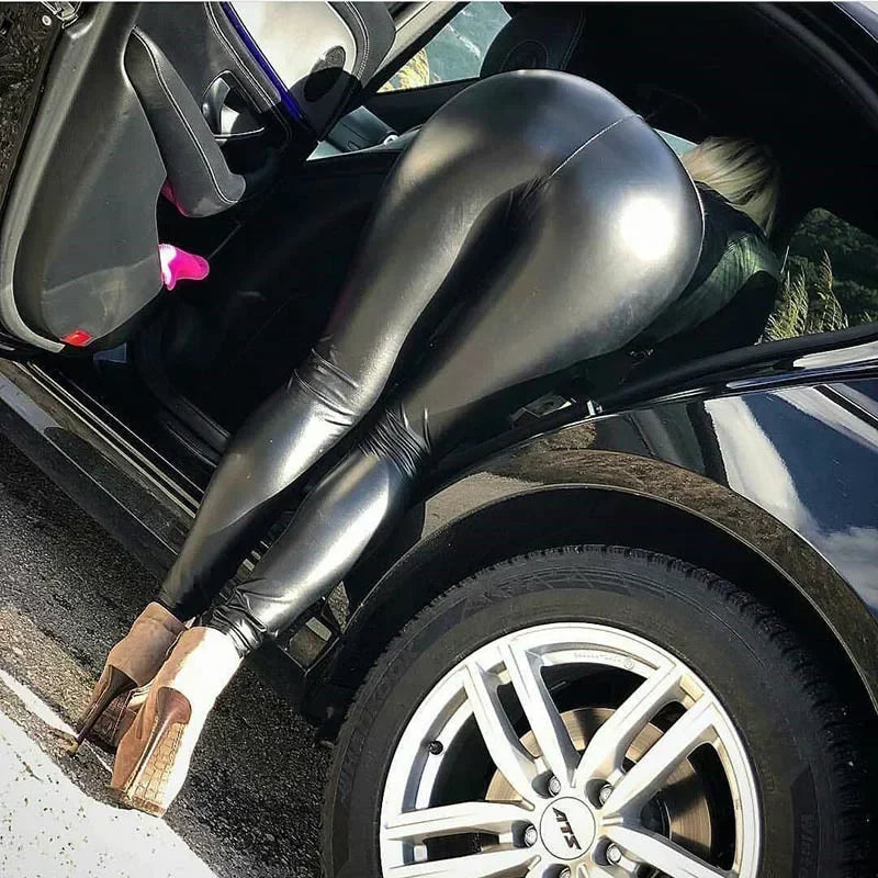 Legging Femme Effet Cuir Noir - Taille Haute Push-Up